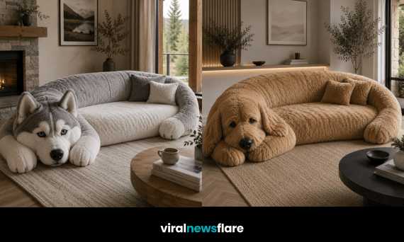 Unique dog sofas inspired by popular dog breeds including French Bulldogs, Golden Retrievers, Dachshunds and Huskies in modern living rooms.