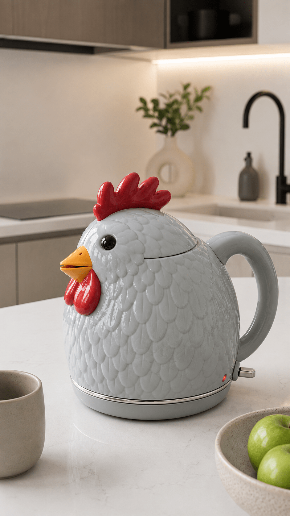 White and grey chicken-shaped electric kettle with feather detailing on a minimalist contemporary kitchen worktop.