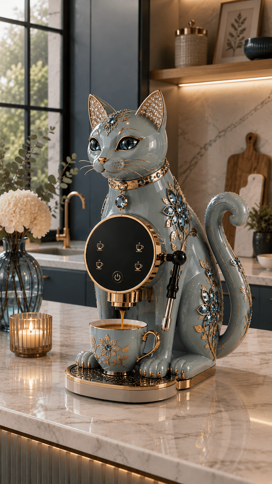 Elegant blue-grey cat-shaped coffee machine with blue gemstones, gold detailing and matching cup in a contemporary kitchen.