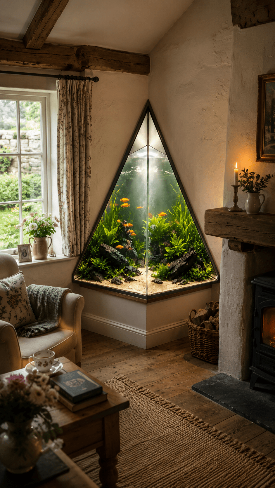 Illuminated triangular aquarium featuring colourful fish and lush plants in a rustic cottage living room with exposed wooden beams.