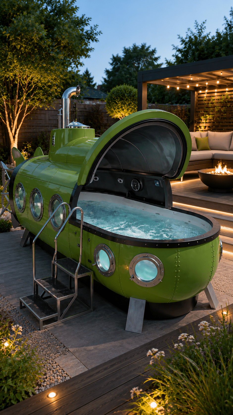 Green submarine-shaped hot tub beside a fire pit and illuminated outdoor seating area at dusk