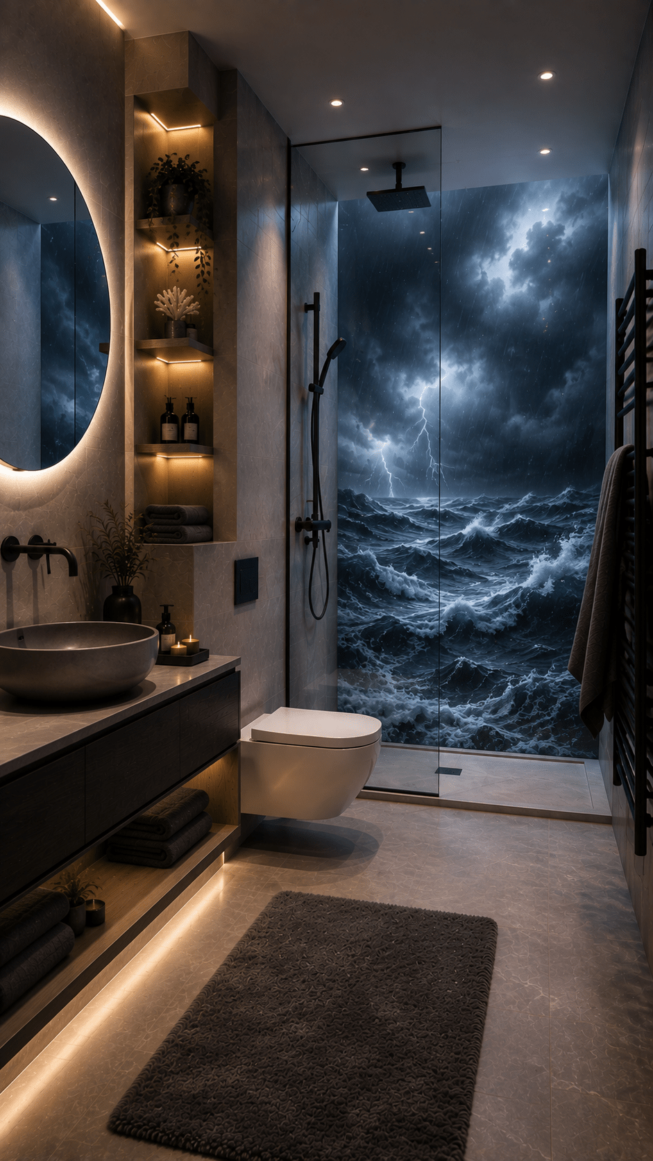 Dark modern bathroom featuring an immersive shower wall depicting stormy ocean waves, lightning and dramatic clouds.