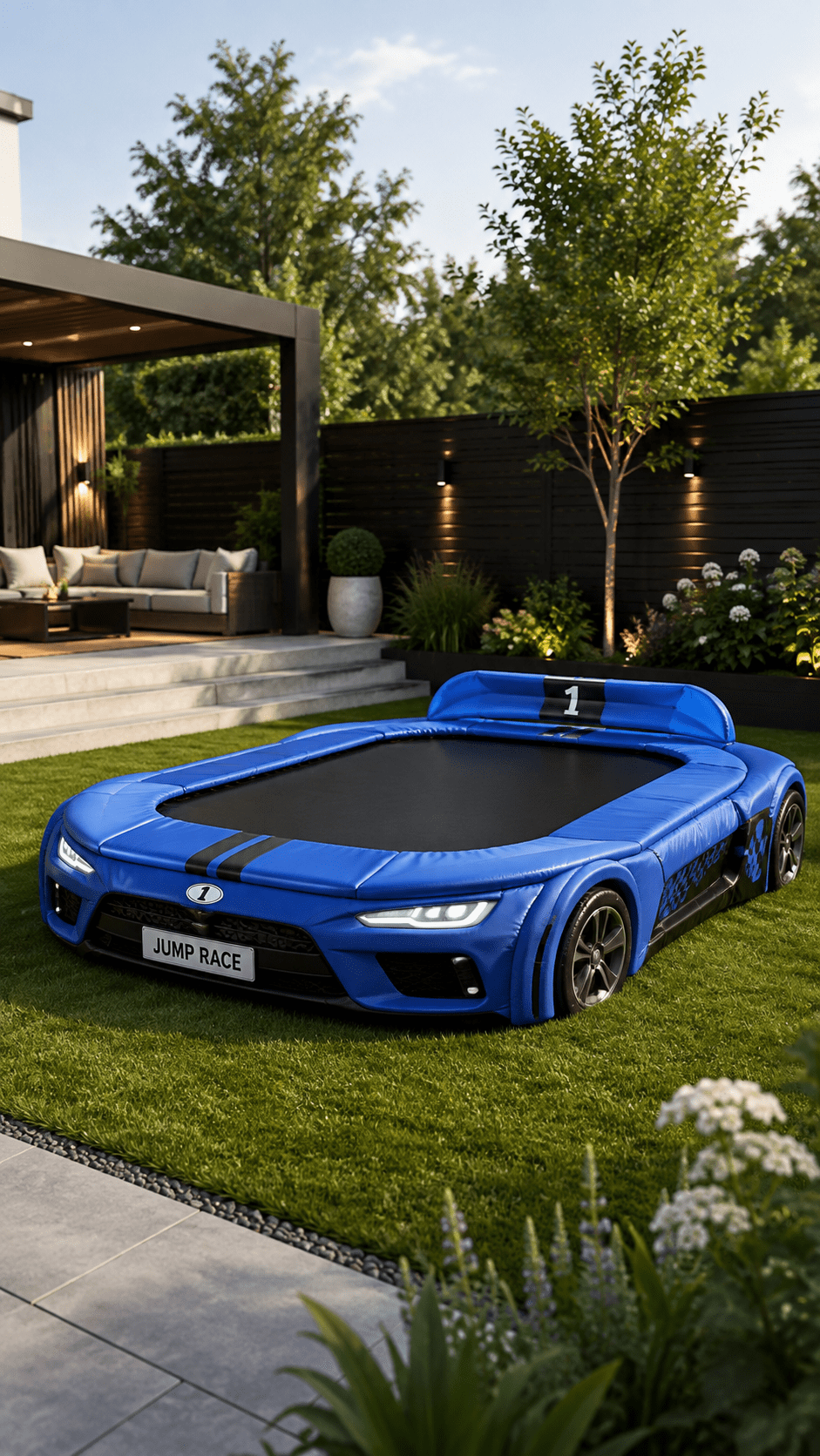 Blue race car trampoline with racing stripes and black jumping area in a contemporary landscaped garden.