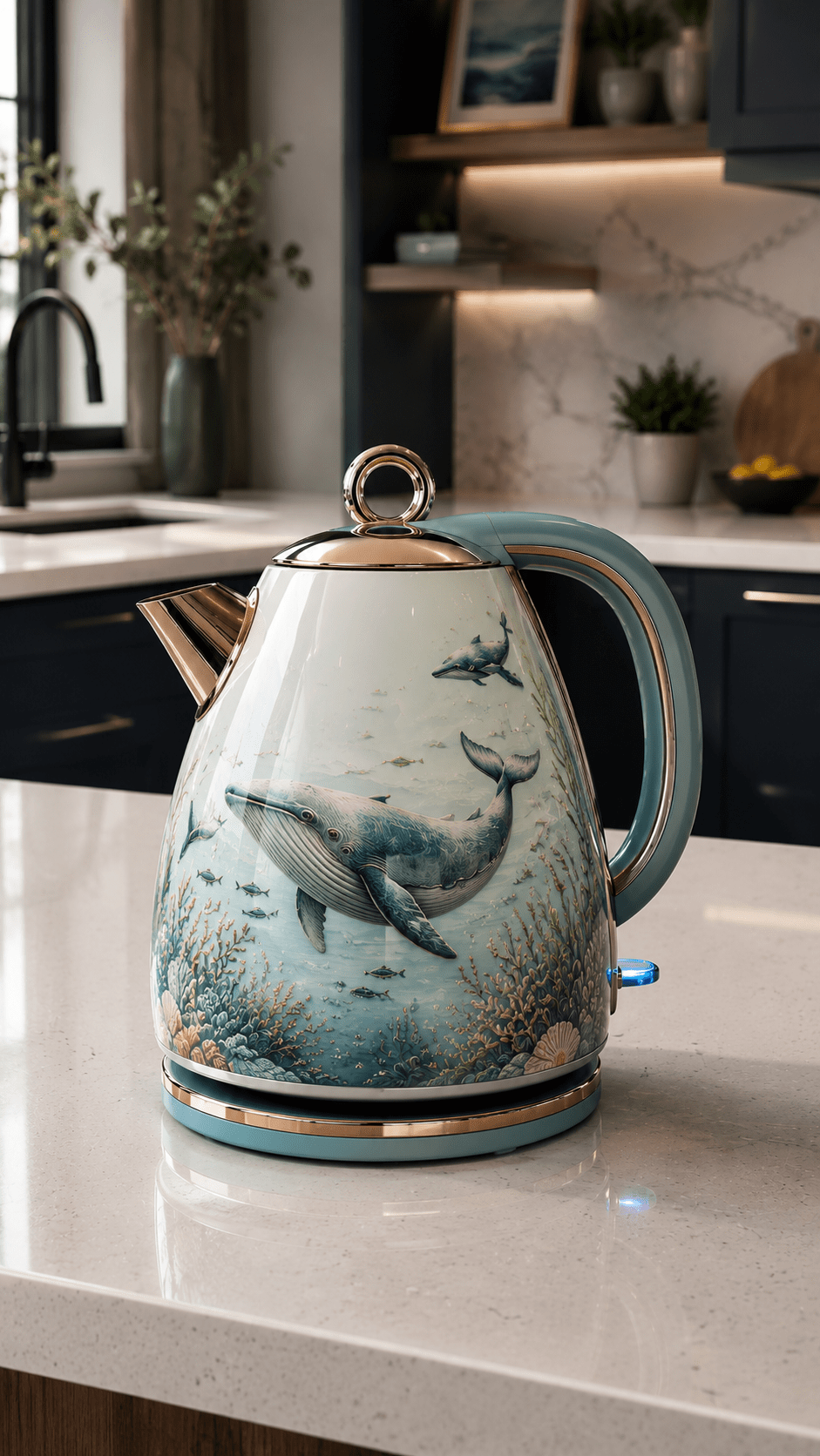 Ocean-themed kettle featuring a detailed whale, fish and coral reef design in a stylish modern kitchen.