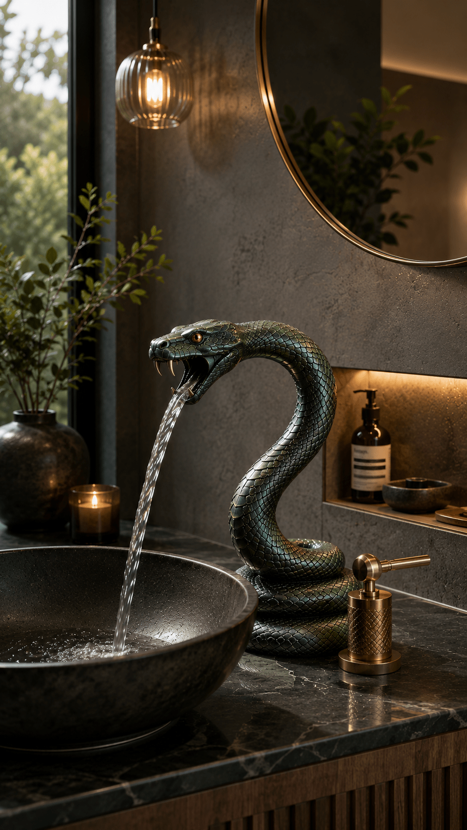 Dark green metallic snake faucet with detailed scales beside a black stone basin in a dramatic modern bathroom.