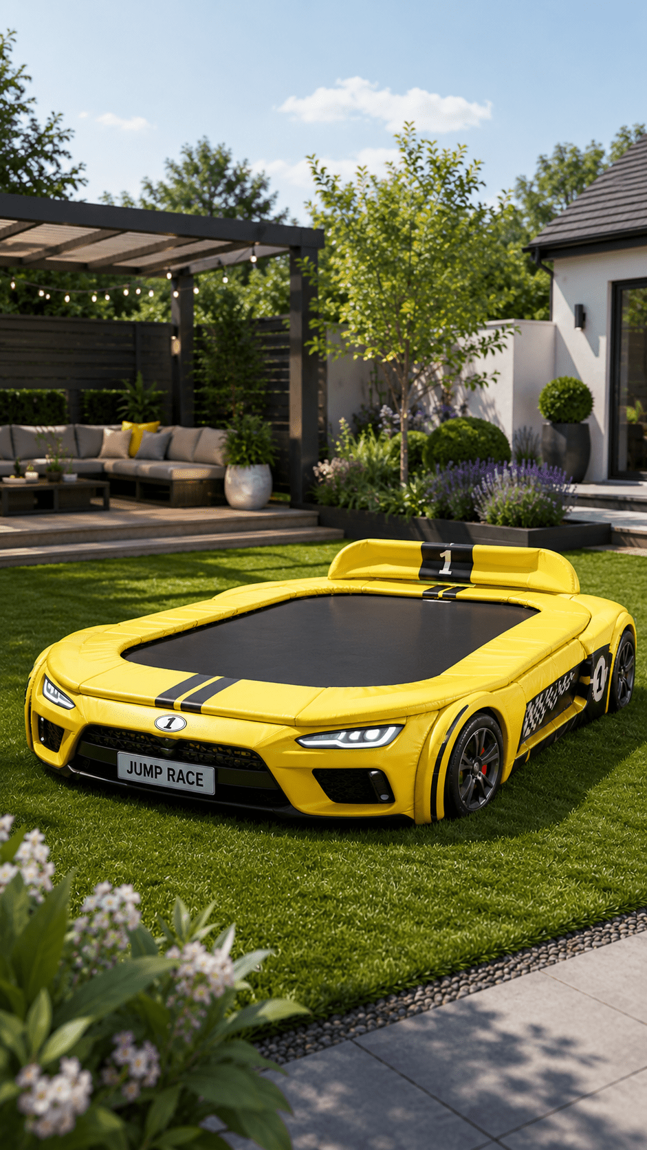 Bright yellow race car-shaped trampoline with black racing details surrounded by plants in a modern garden.