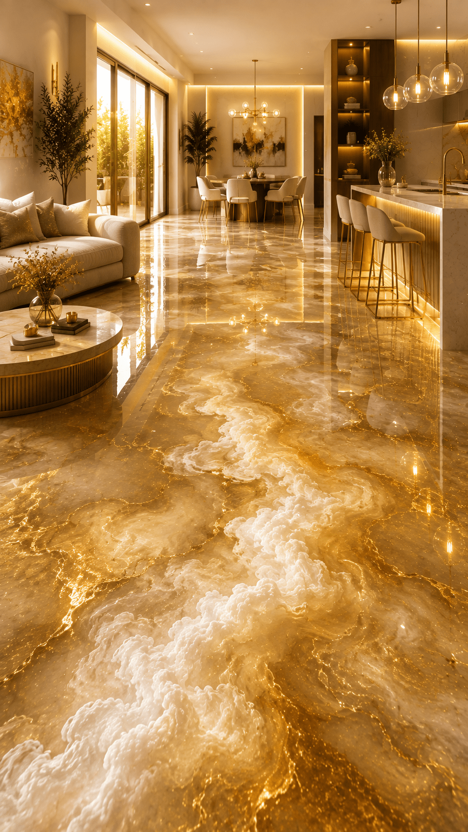 Elegant open-plan kitchen and living space featuring glossy golden cloud resin flooring with white swirls and warm lighting.