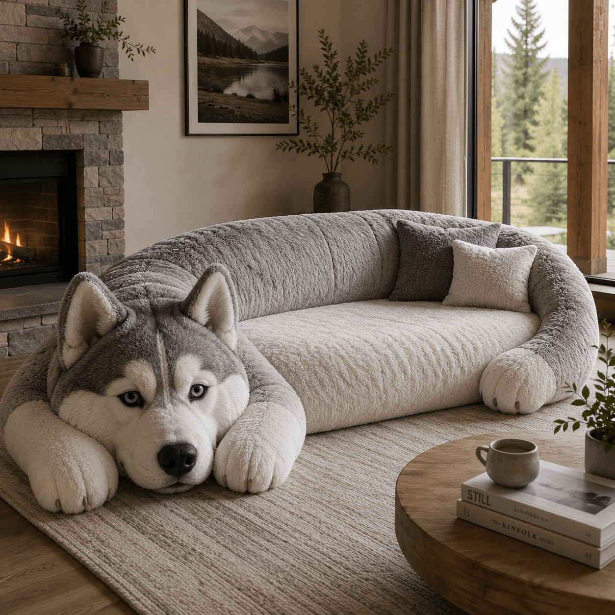 Grey and white Husky dog sofa with blue eyes in a stylish contemporary living room.