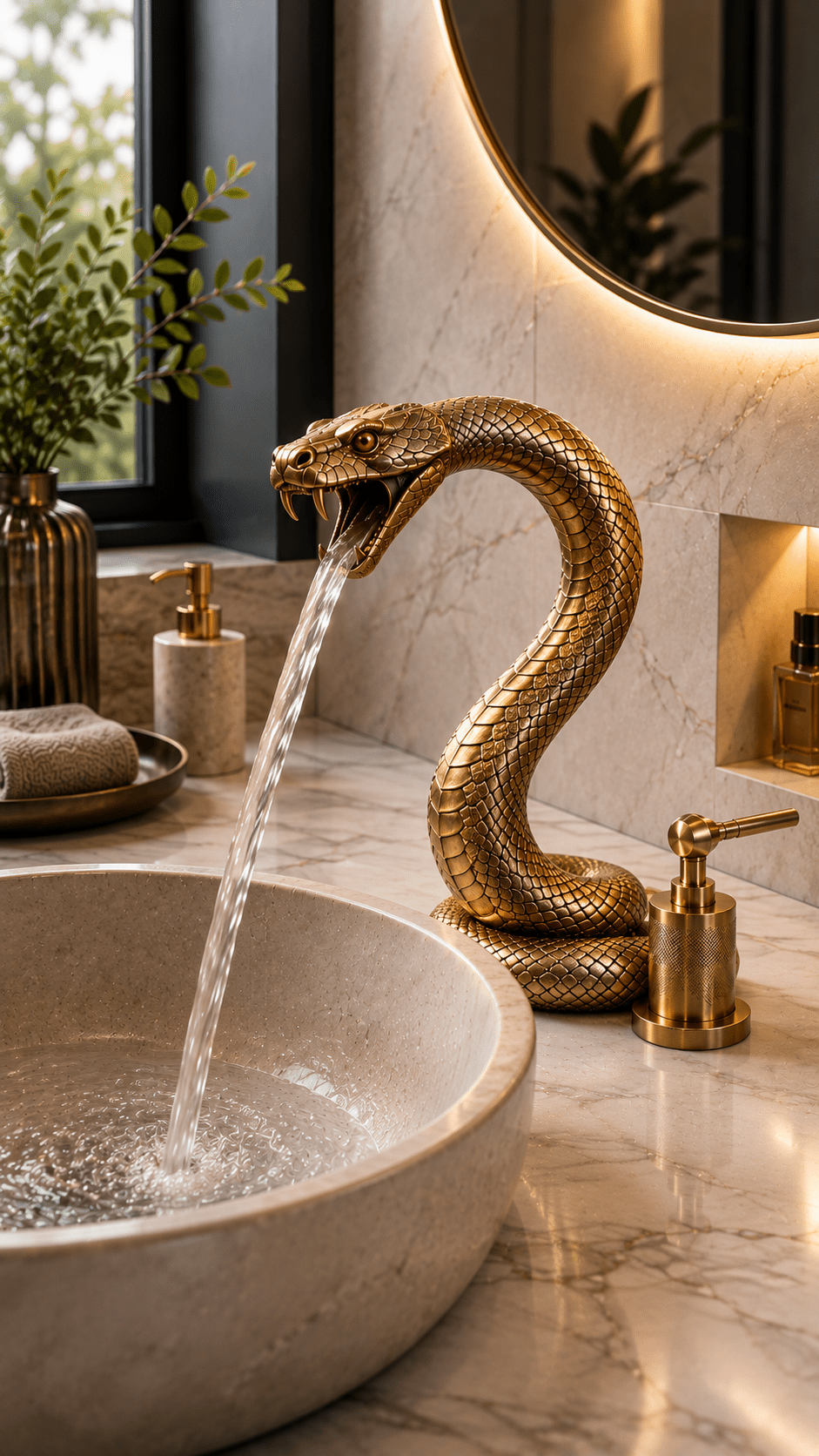 Ornate gold snake faucet pouring water into a cream stone basin surrounded by luxurious marble bathroom décor.