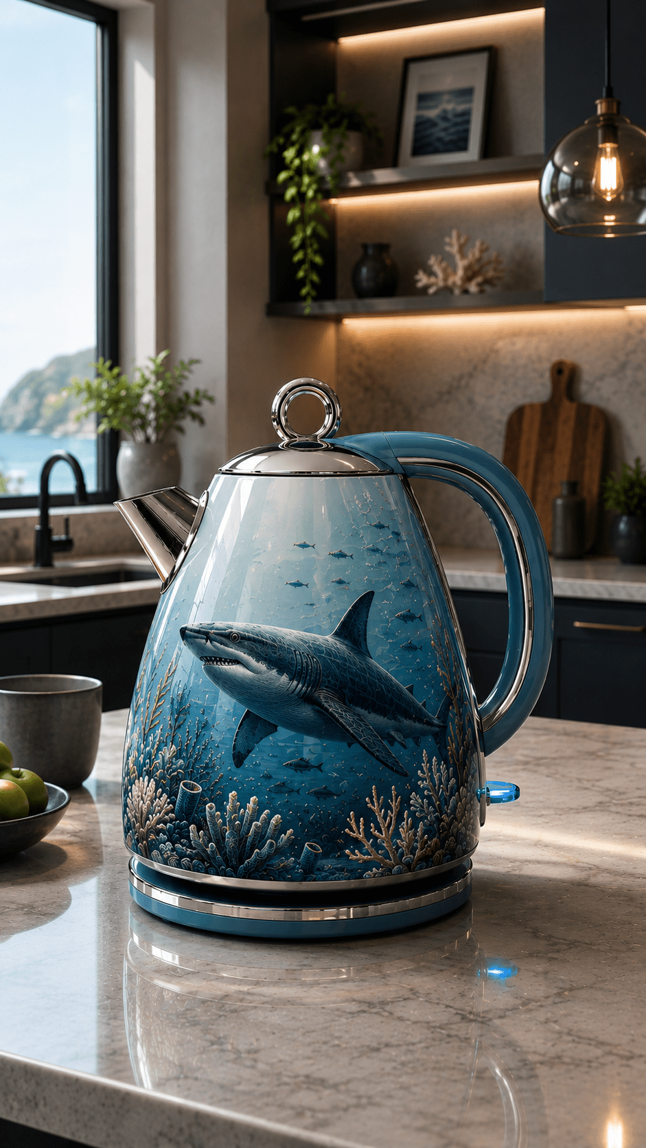 Blue ocean-themed kettle featuring a shark and underwater coral scene on a modern kitchen worktop.