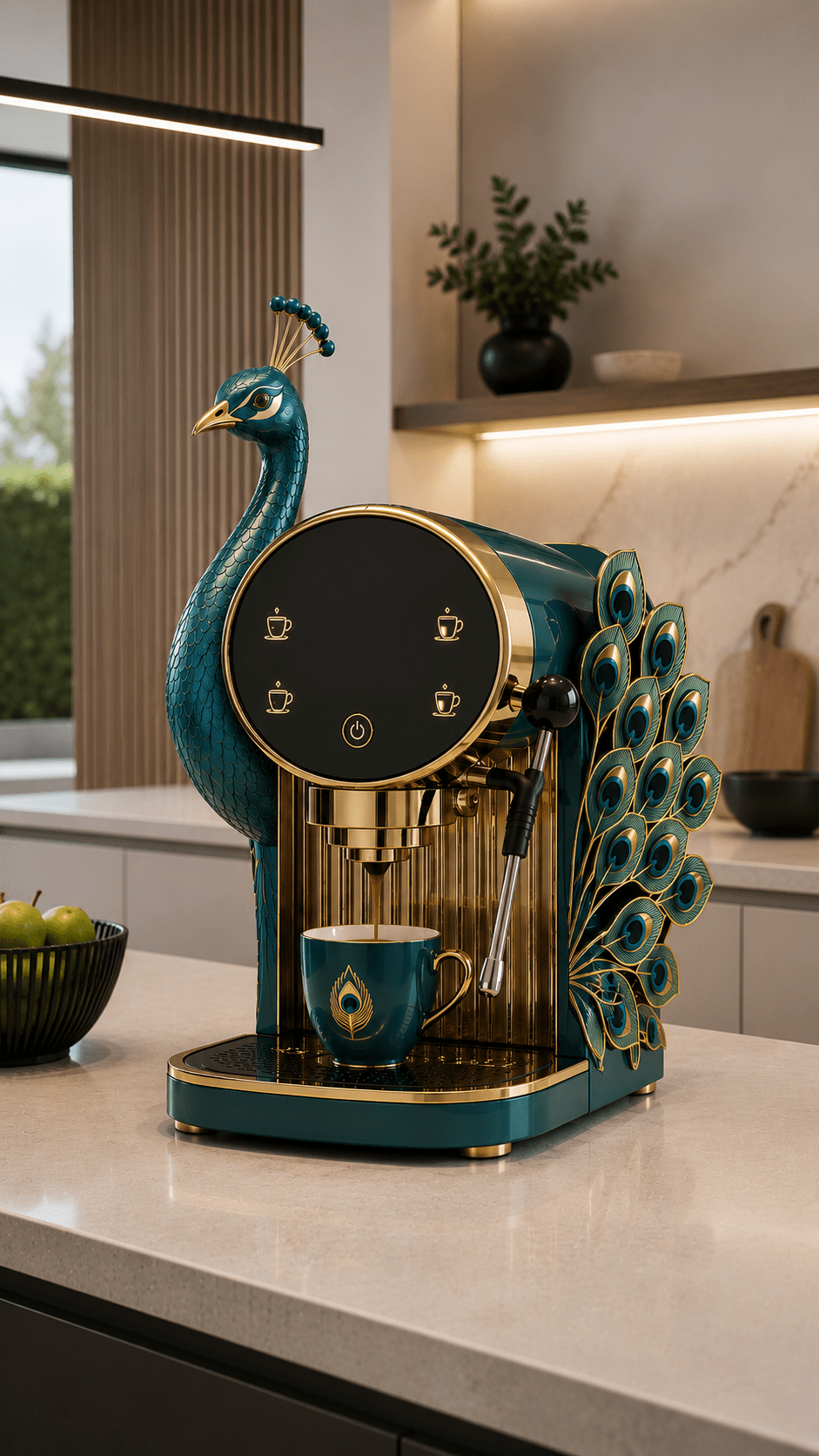 Emerald green and gold peacock-inspired coffee machine featuring a touchscreen and ornate tail feathers in a contemporary kitchen.