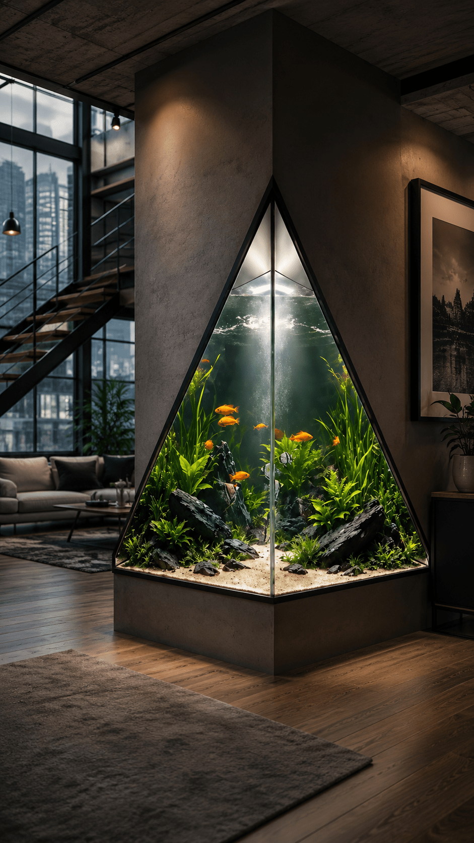 Large triangular aquarium with tropical plants and orange fish built into a contemporary industrial-style apartment interior.