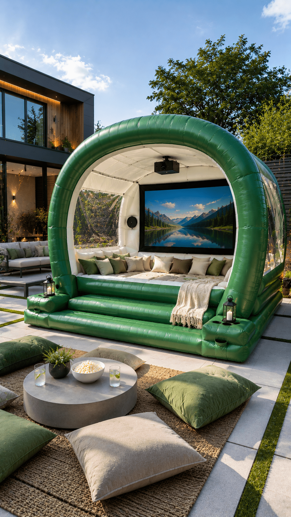 Modern green inflatable outdoor cinema pod with comfortable seating and large projector screen in a contemporary garden.