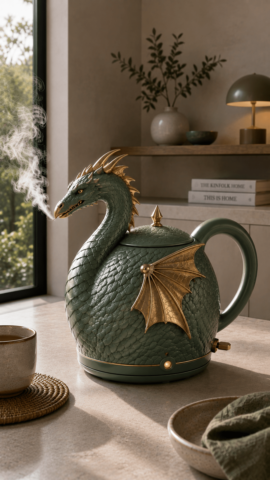 Green dragon-shaped kettle featuring textured scales and metallic gold wings releasing steam in a contemporary kitchen.