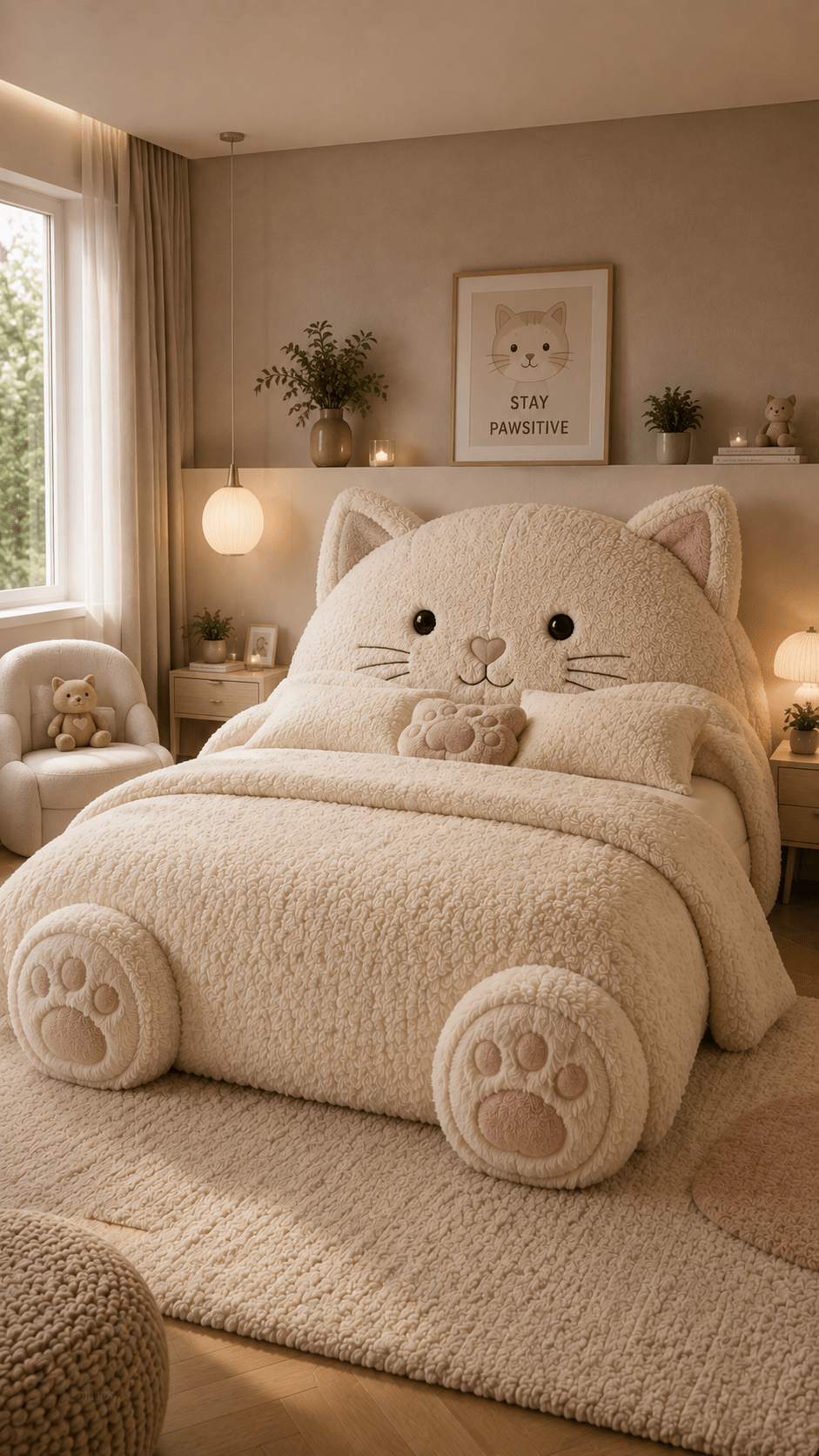 Cream cat-shaped animal bed with pink paw details in a softly lit neutral modern bedroom