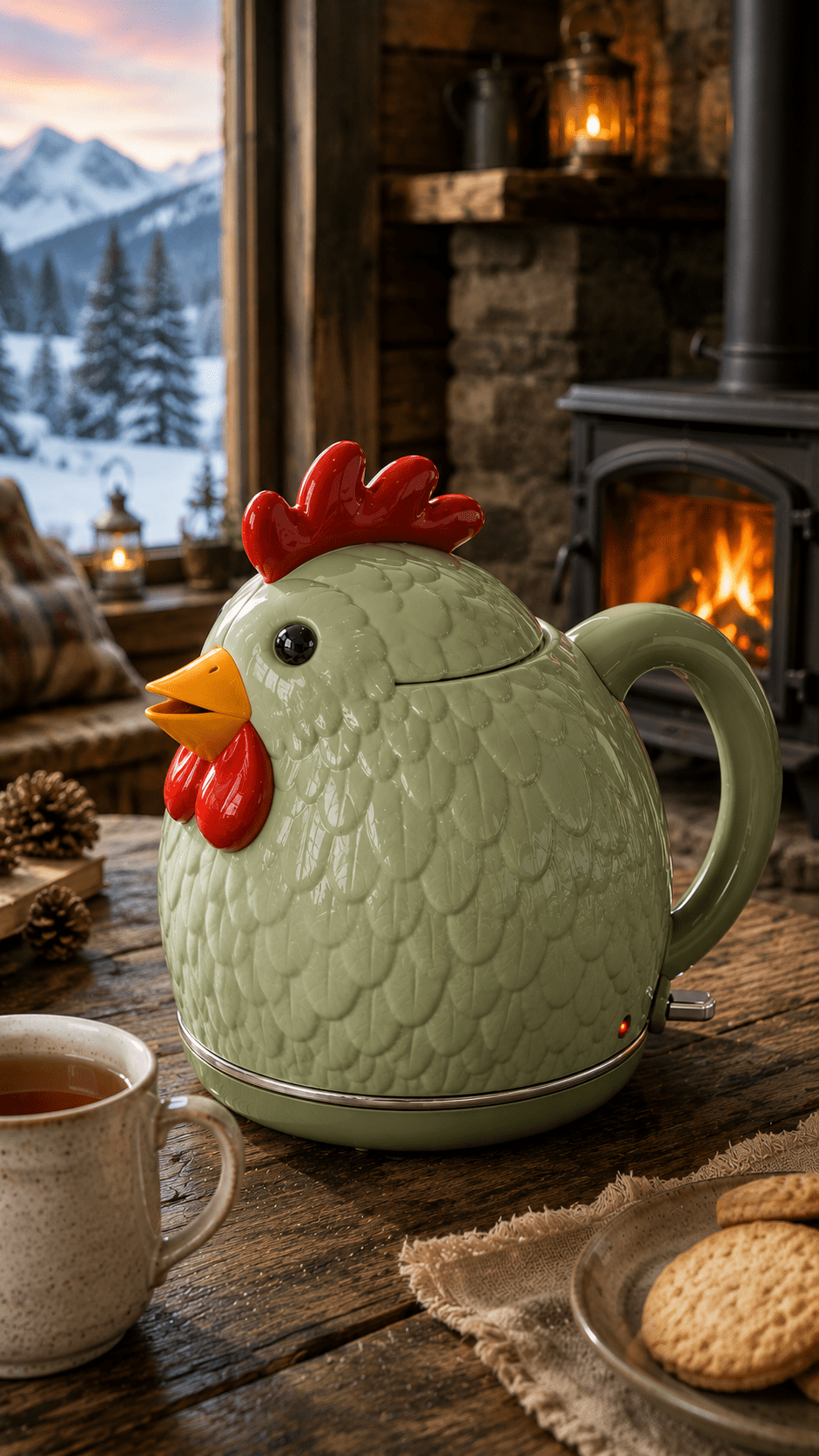 Sage green chicken-shaped kettle with red comb beside a wood-burning stove in a cosy mountain cabin.