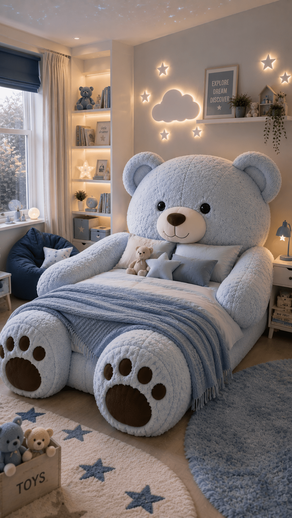 Oversized pale blue teddy bear bed with matching bedding, illuminated stars and cloud decorations in a cosy children's bedroom.