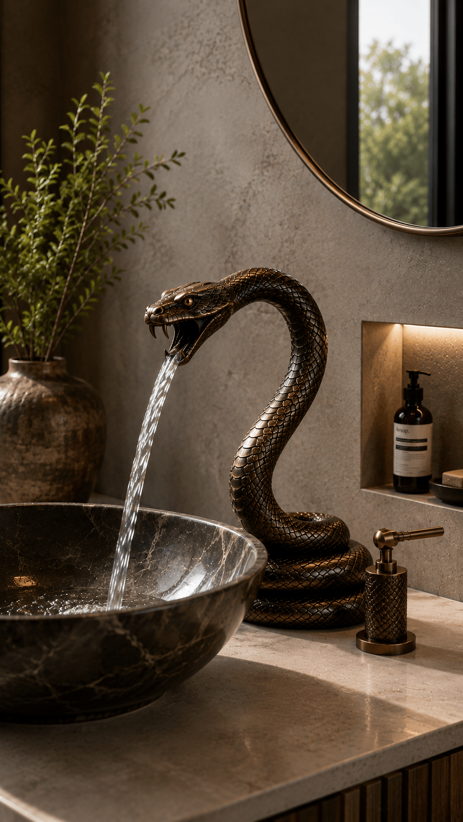 Sculptural bronze snake faucet pouring water into a black marble basin in a warm contemporary bathroom.