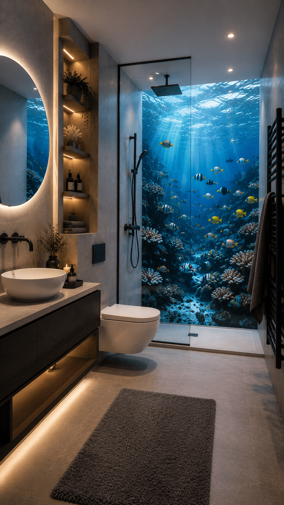 Luxury modern bathroom with an immersive underwater shower wall featuring colourful tropical fish, coral and blue ocean water.