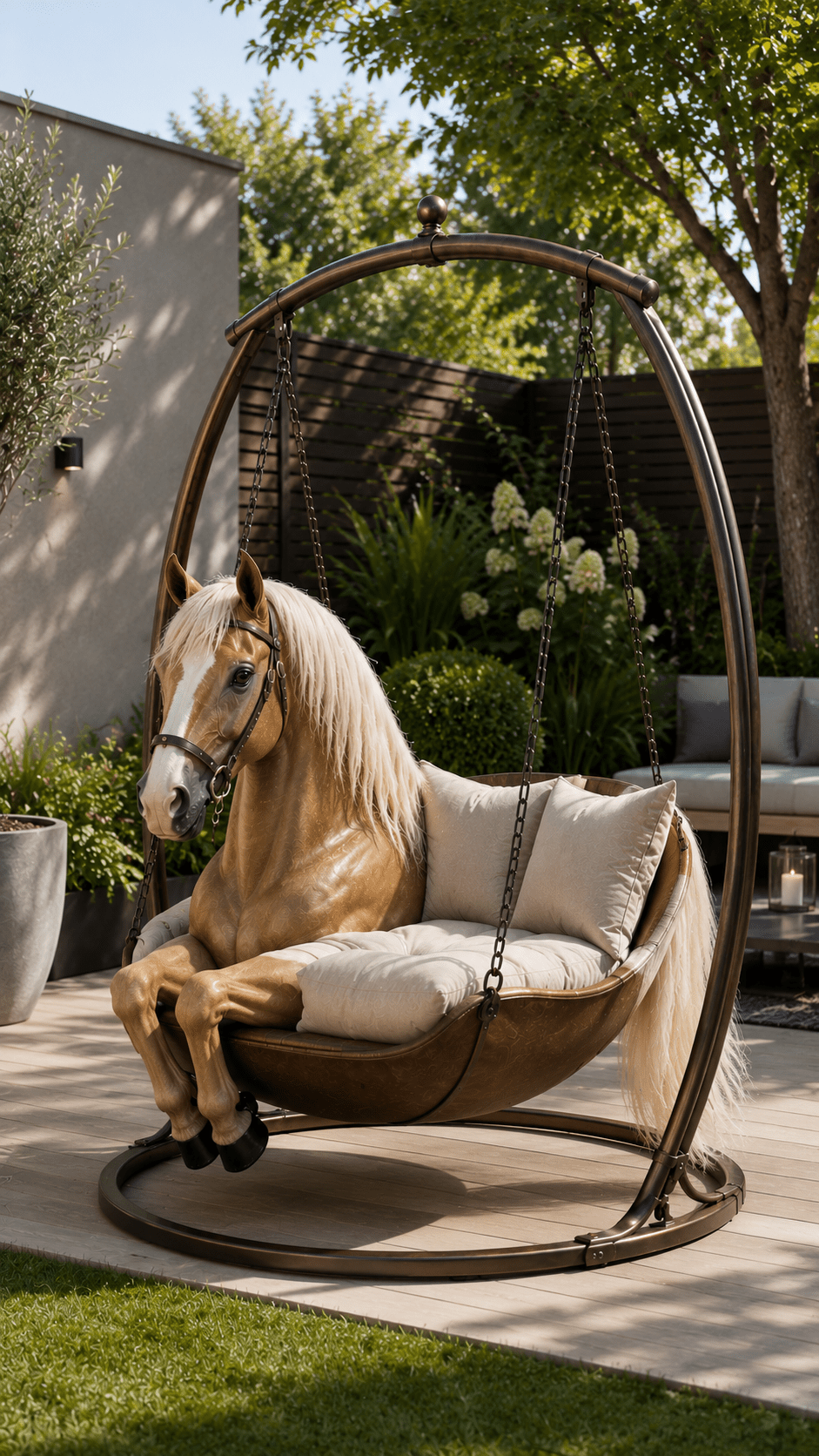 Elegant palomino horse hanging chair with plush cushions in a beautifully landscaped modern garden.