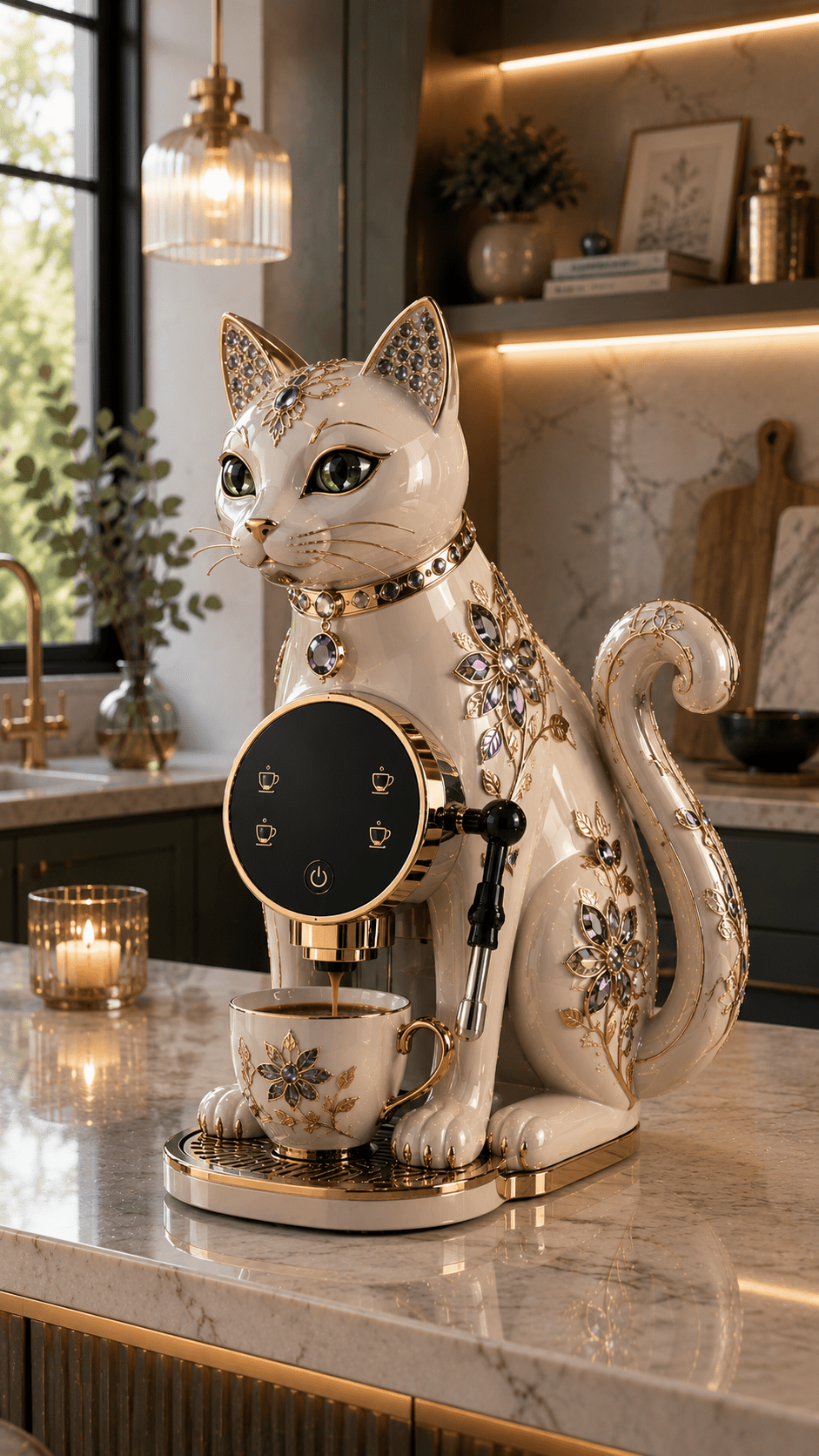 Cream cat-shaped coffee machine featuring purple gemstones and ornate gold flowers displayed on a marble kitchen island.