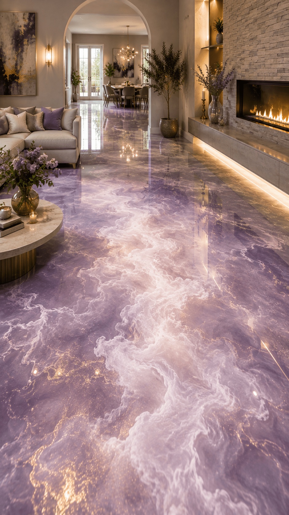 Stylish living room with glossy purple and white cloud resin flooring, gold accents, neutral furniture and a modern fireplace.