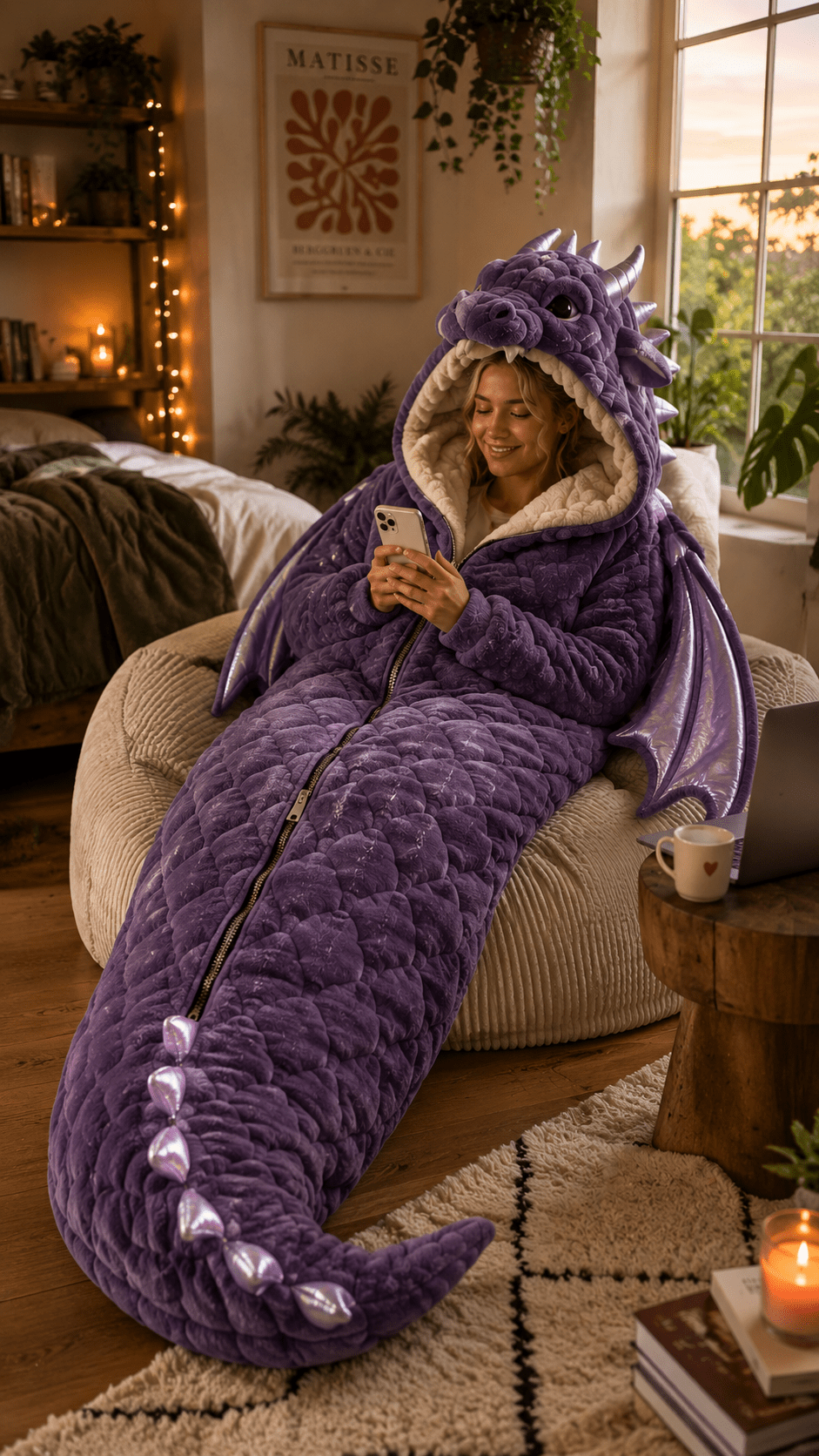 Woman using her phone while relaxing inside a purple dragon sleeping bag with wings and a long padded tail.