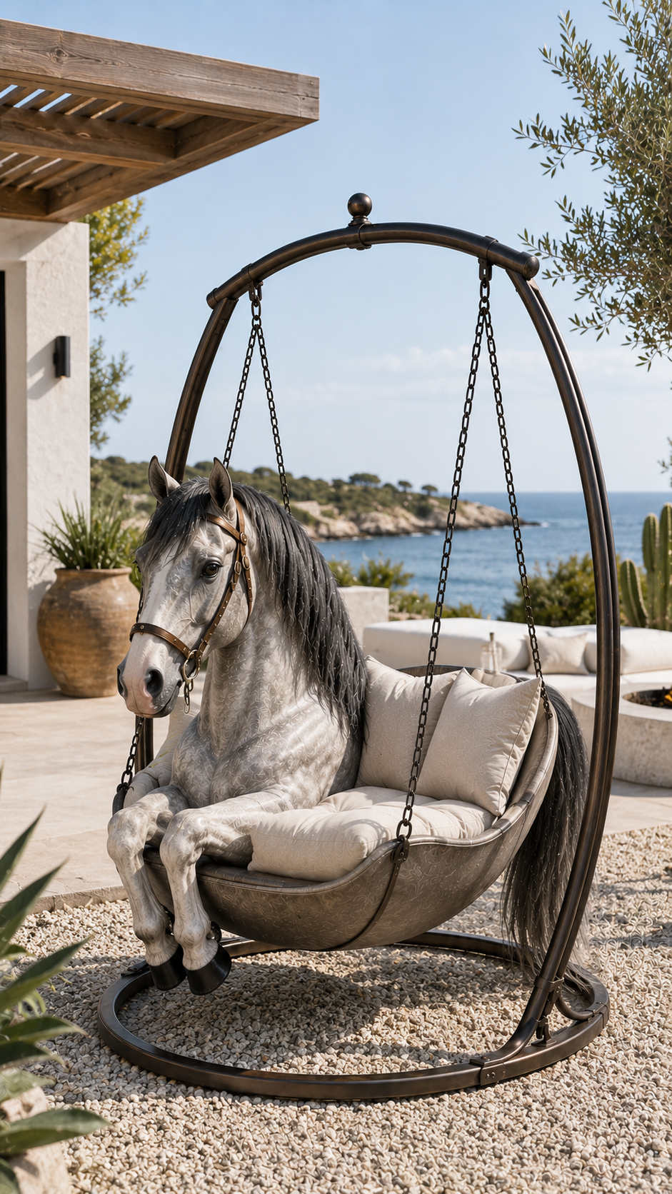 Luxury grey horse hanging chair overlooking the sea in a stylish Mediterranean-inspired outdoor living space.