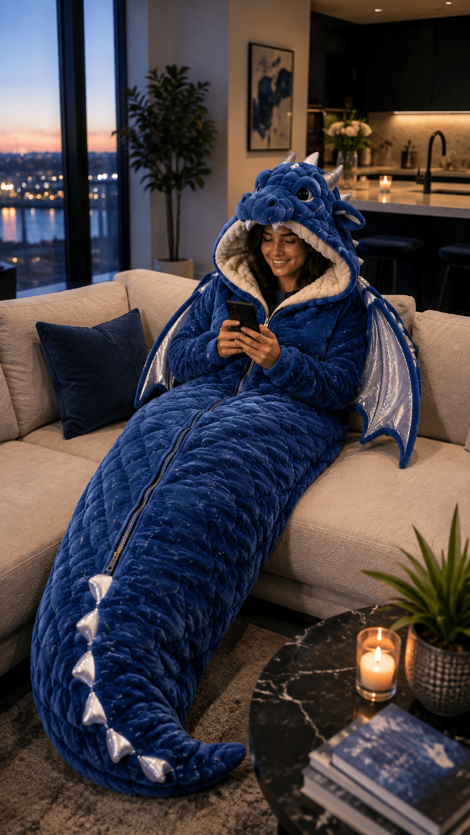 Woman relaxing on a sofa inside a blue dragon sleeping bag with pearlescent wings in a modern apartment at sunset.
