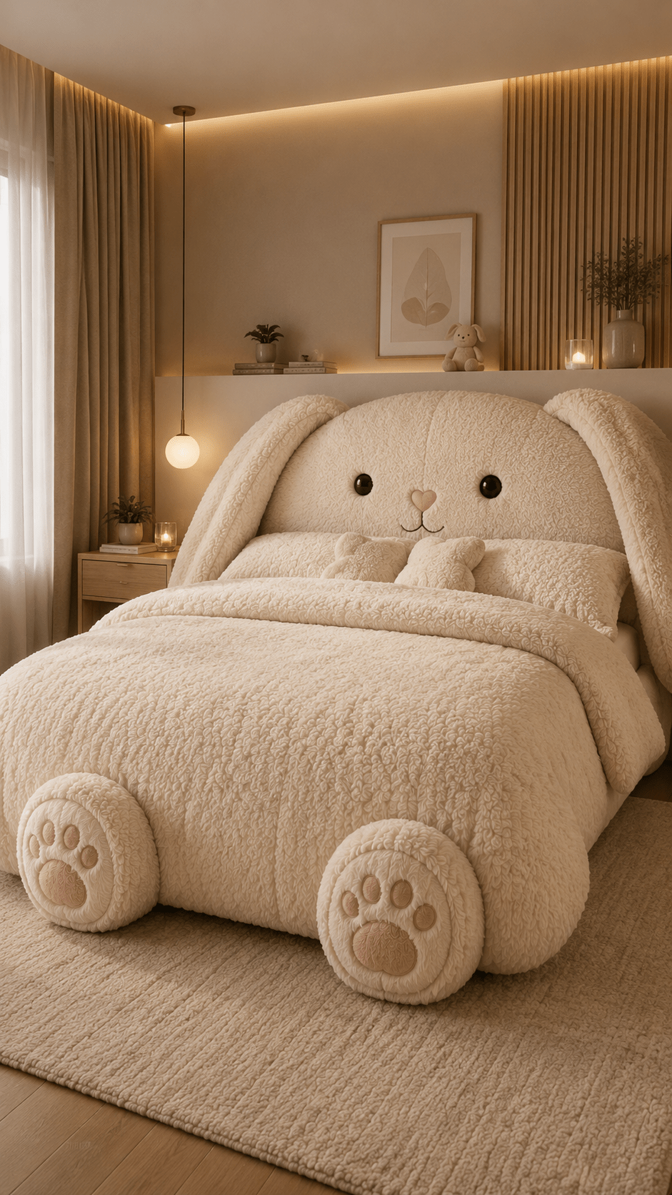 Oversized cream bunny animal bed with long floppy ears and pink paws in a luxurious neutral bedroom