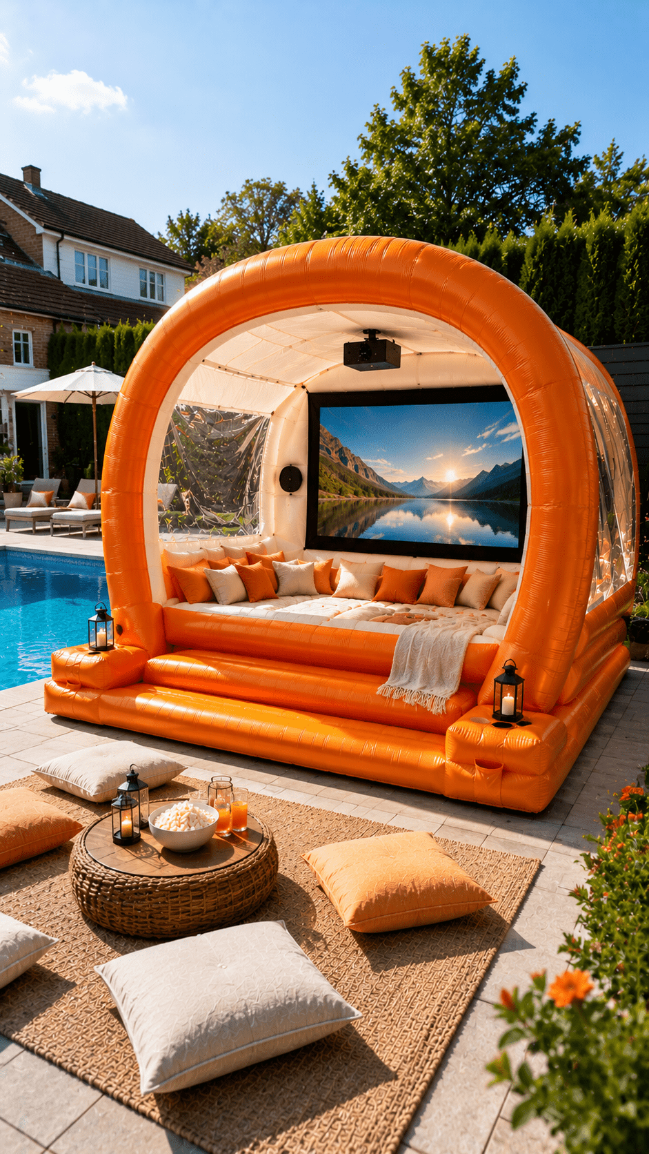 Luxury orange inflatable outdoor cinema pod with projector screen, cosy seating and poolside garden entertainment area.
