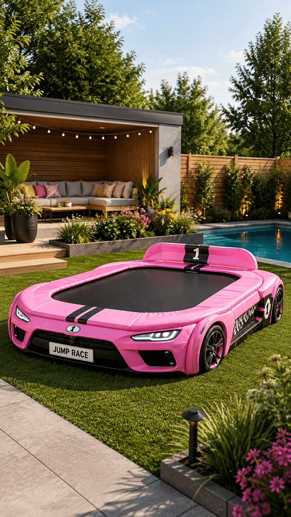 Pink race car trampoline with black jumping surface positioned on a lawn beside a modern garden swimming pool.