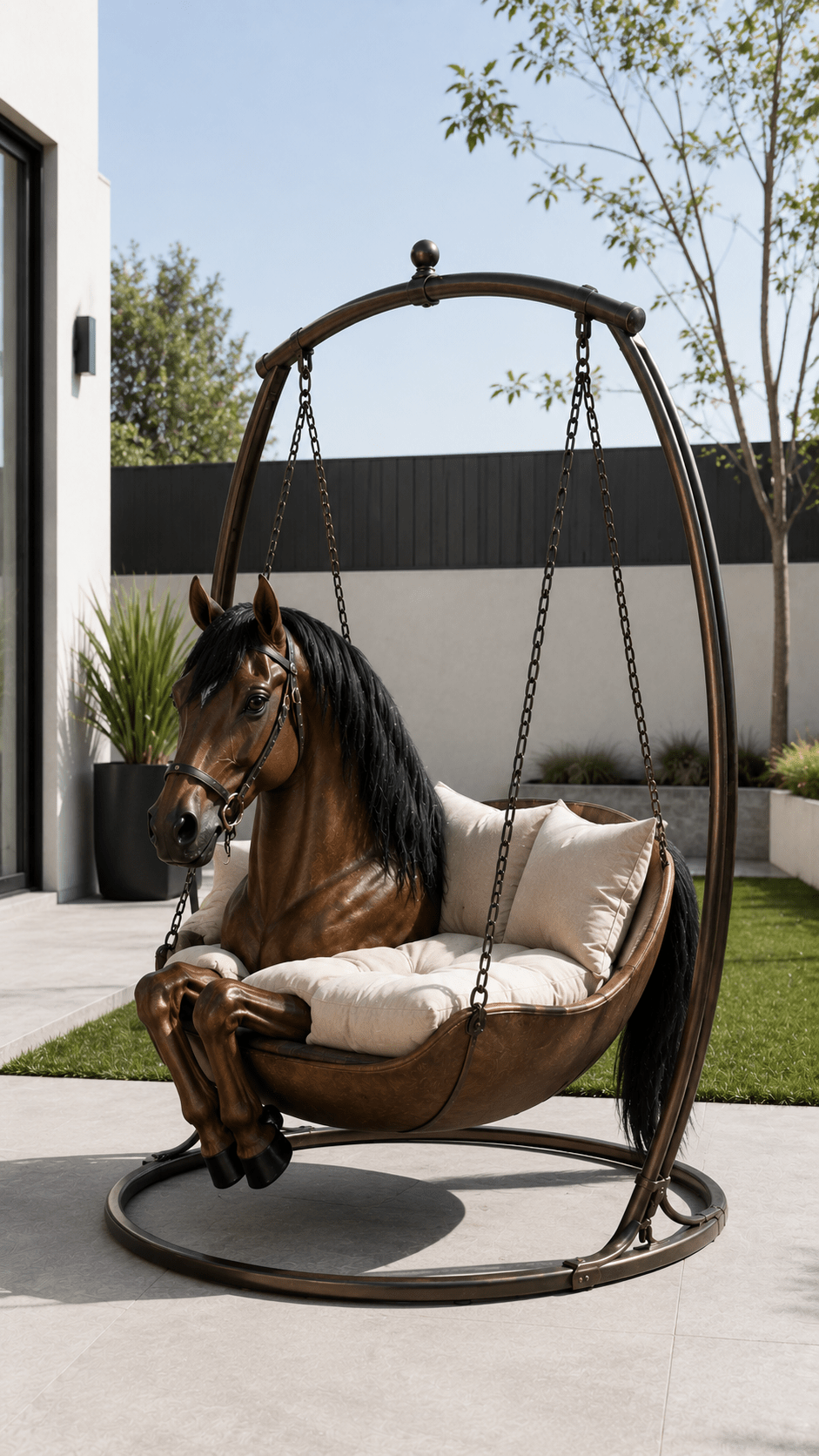 Realistic bay horse hanging chair with soft cream cushions in a minimalist contemporary garden setting.