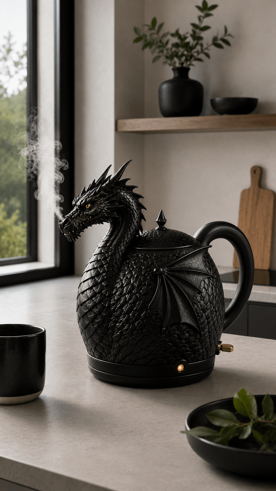 Dramatic black dragon-shaped electric kettle with detailed scales and wings releasing steam from its mouth on a kitchen counter.