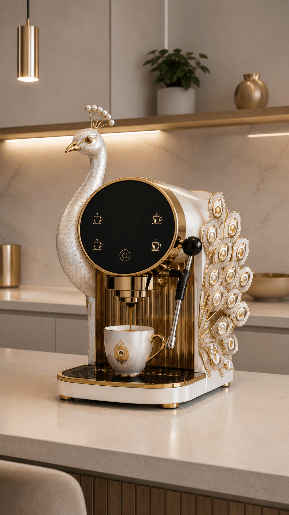 Elegant white and gold peacock coffee machine with sculpted bird details and decorative feathers in a neutral luxury kitchen.