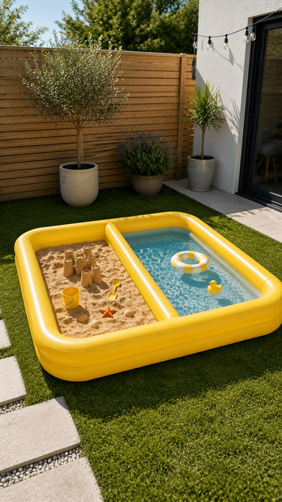 Yellow inflatable sandpit pool with separate sand and water sections in a sunny family garden.