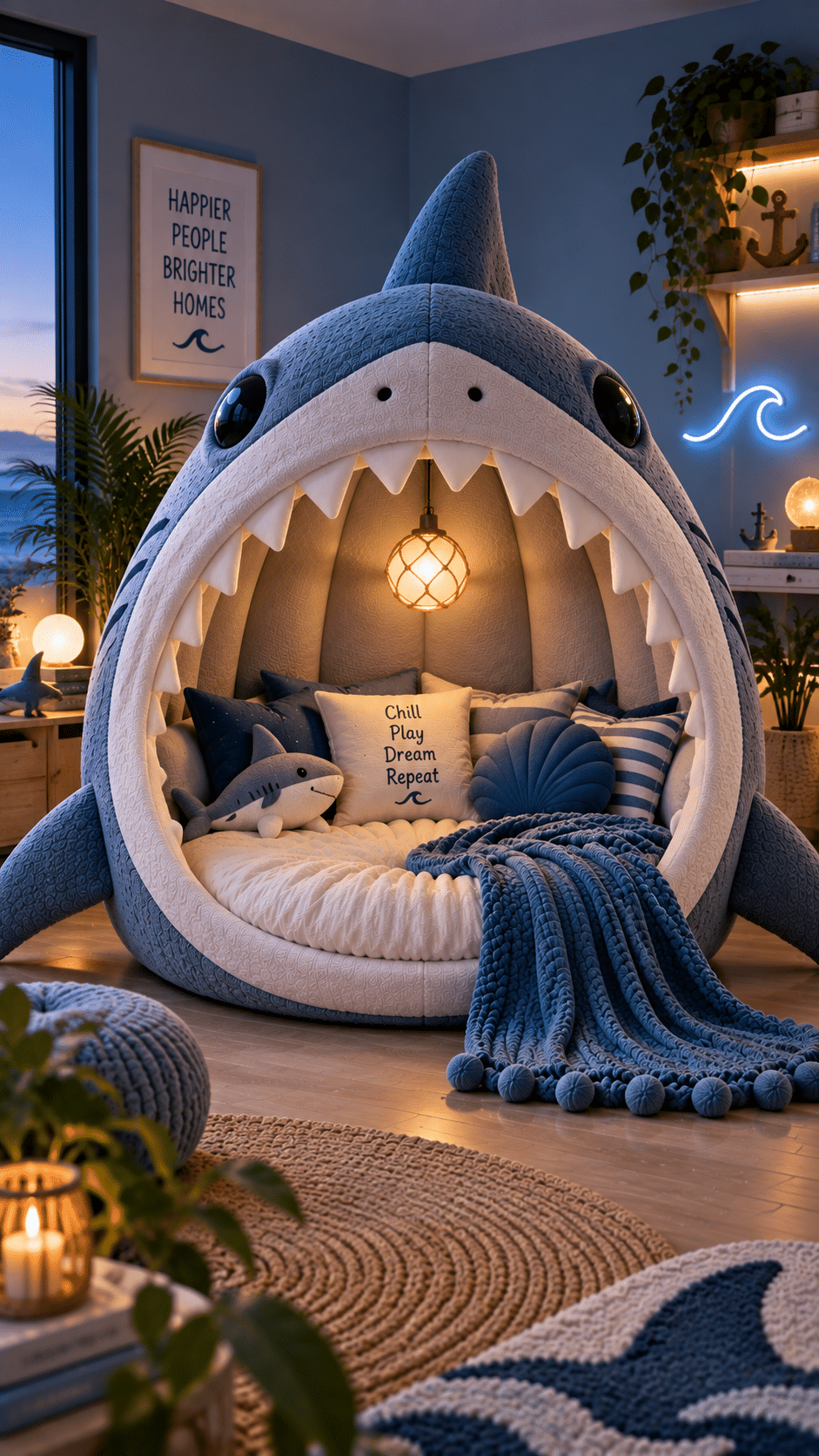 Blue shark-shaped reading nook with an open mouth, white teeth, cushions and cosy lighting in a coastal bedroom.