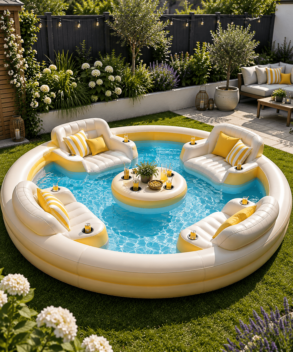 Cream and yellow inflatable lounge pool with four built-in seats, drinks holders and floating table in a landscaped garden.