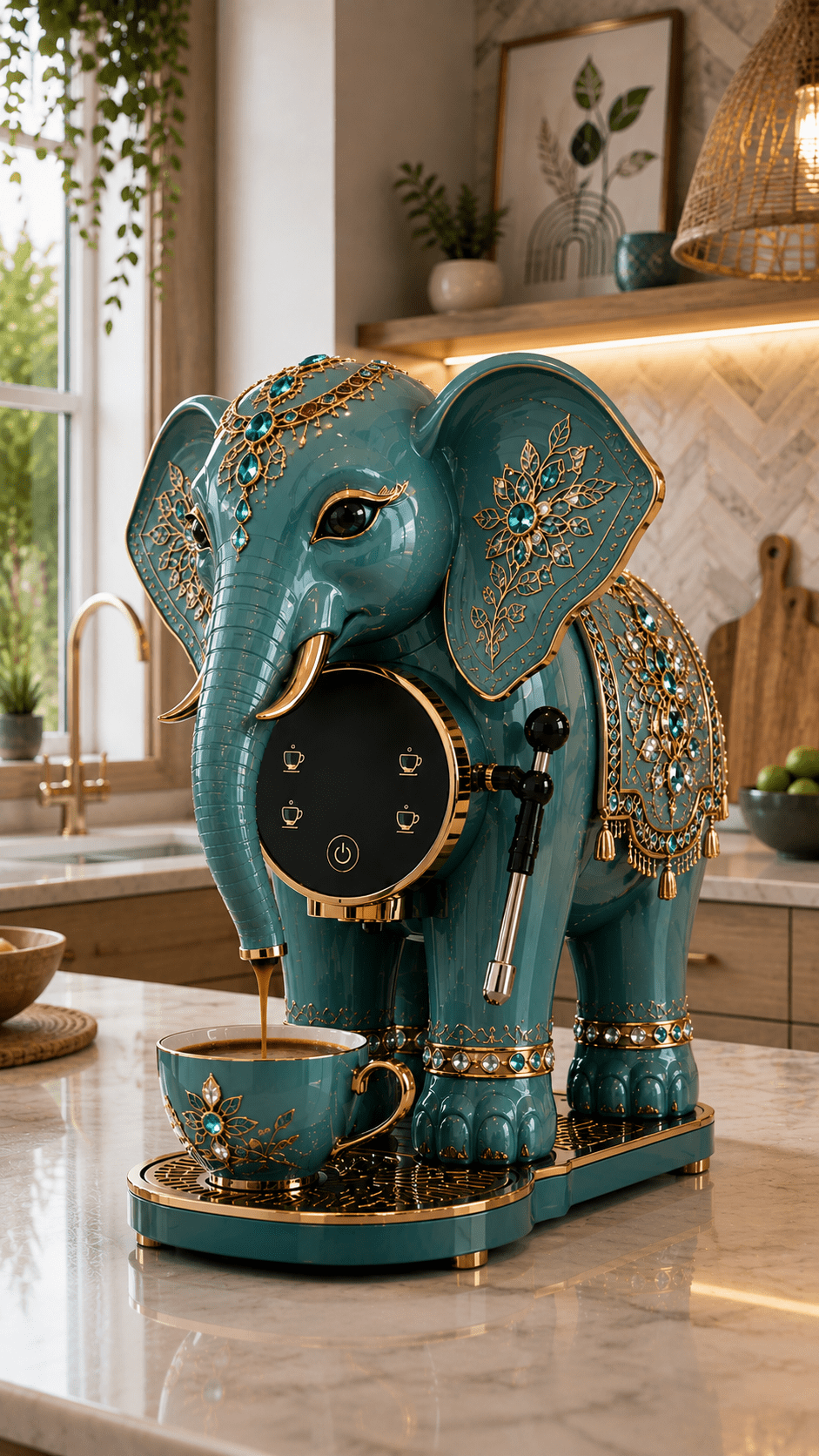 Turquoise elephant coffee machine with ornate gold detailing dispensing coffee from its trunk into a matching cup.