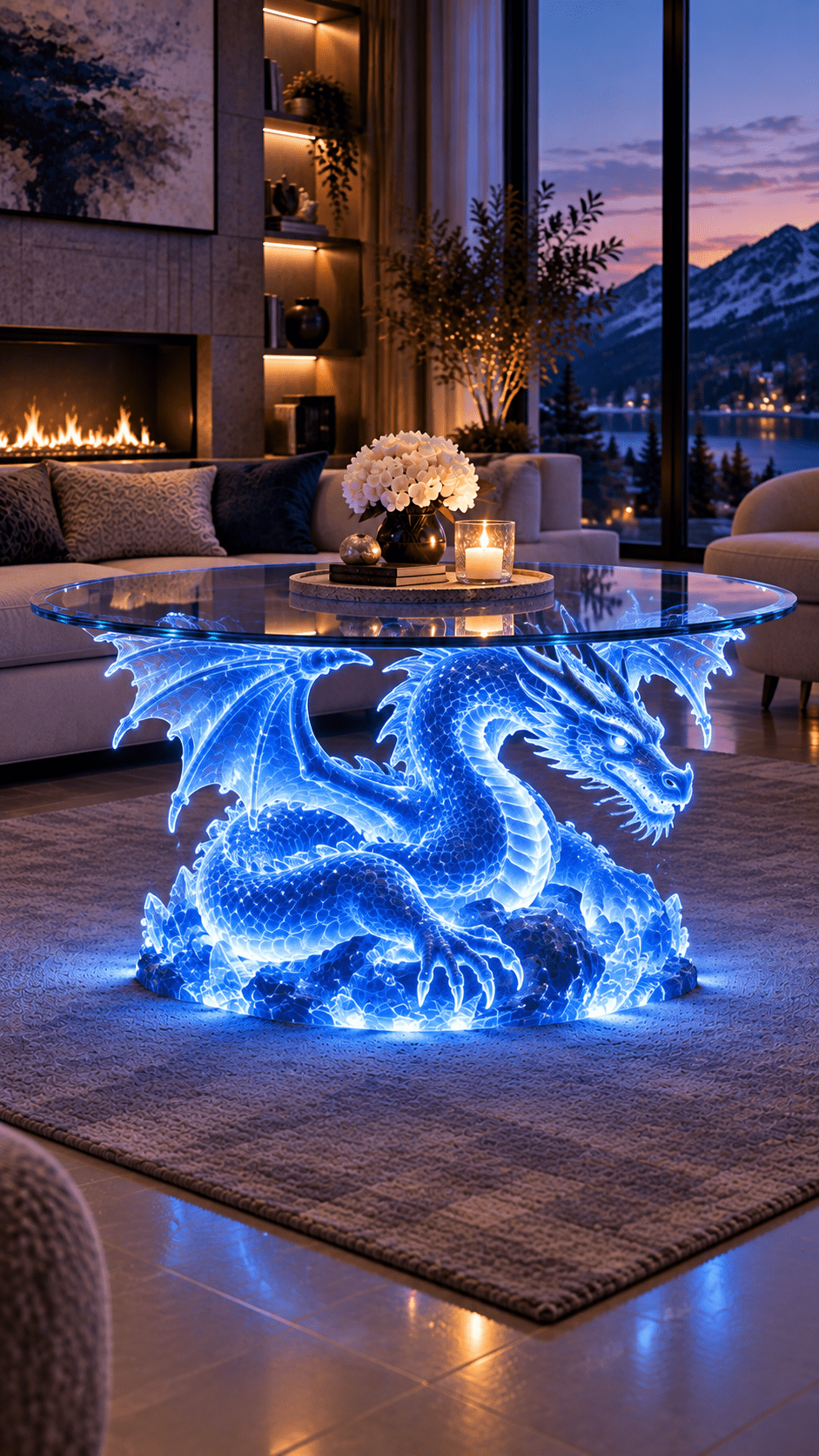 Blue illuminated dragon coffee table with a round glass top in a luxury living room overlooking mountains.