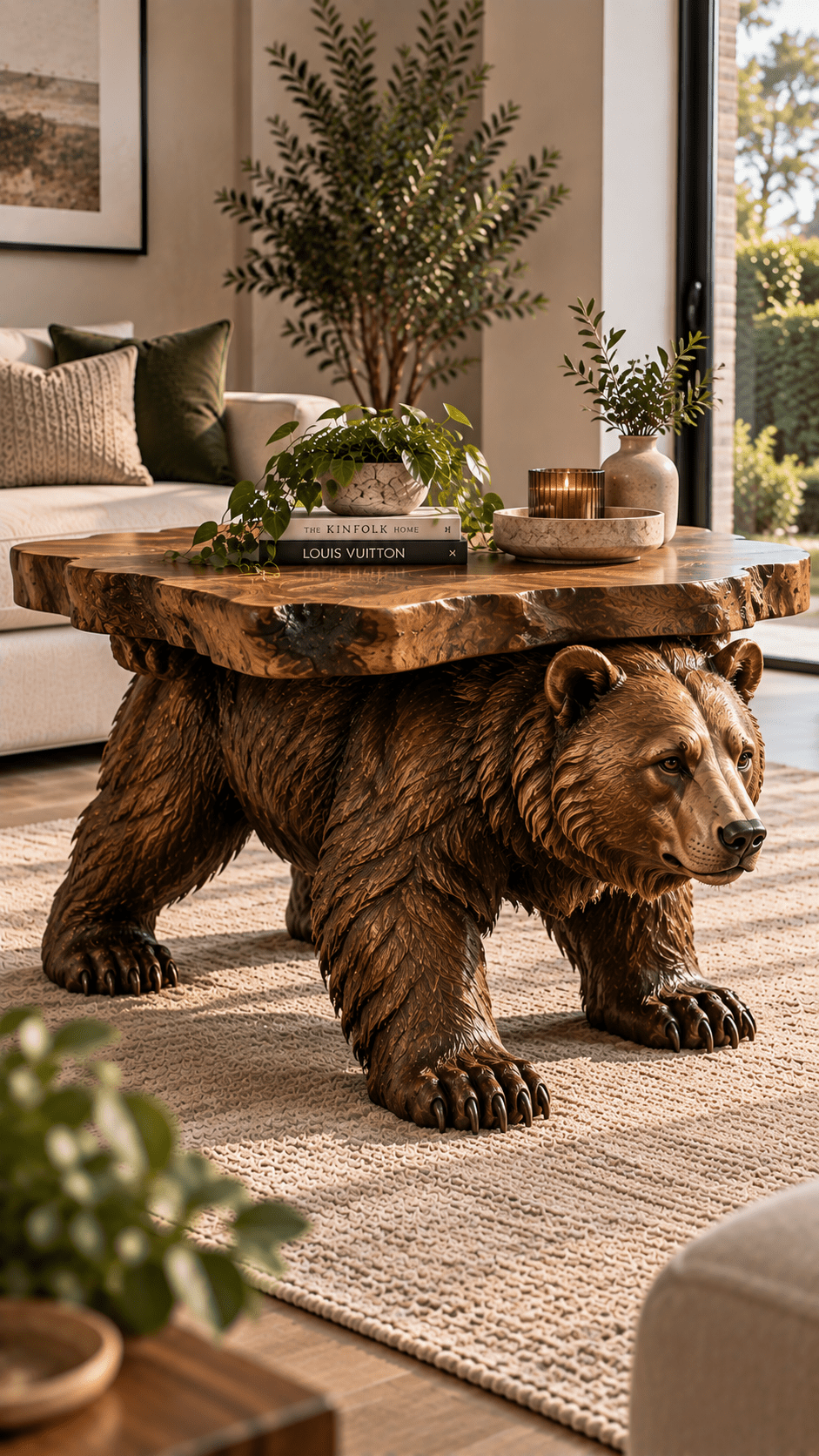 Sculptural brown bear coffee table with a natural wooden top in a warm modern living room.