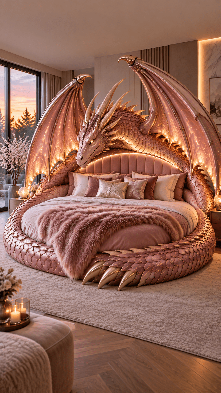 Rose-gold dragon bed with illuminated wings, metallic scales and pink bedding in a luxurious modern bedroom.