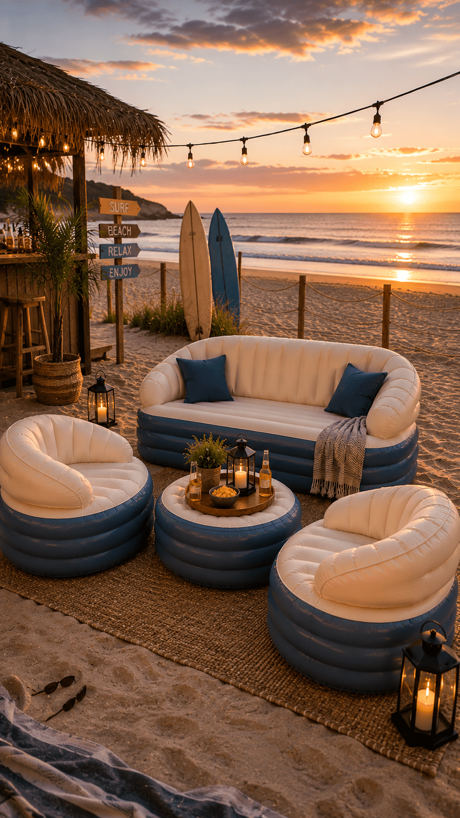 Cream and blue inflatable outdoor furniture with sofa, armchairs and table arranged on a beach at sunset.
