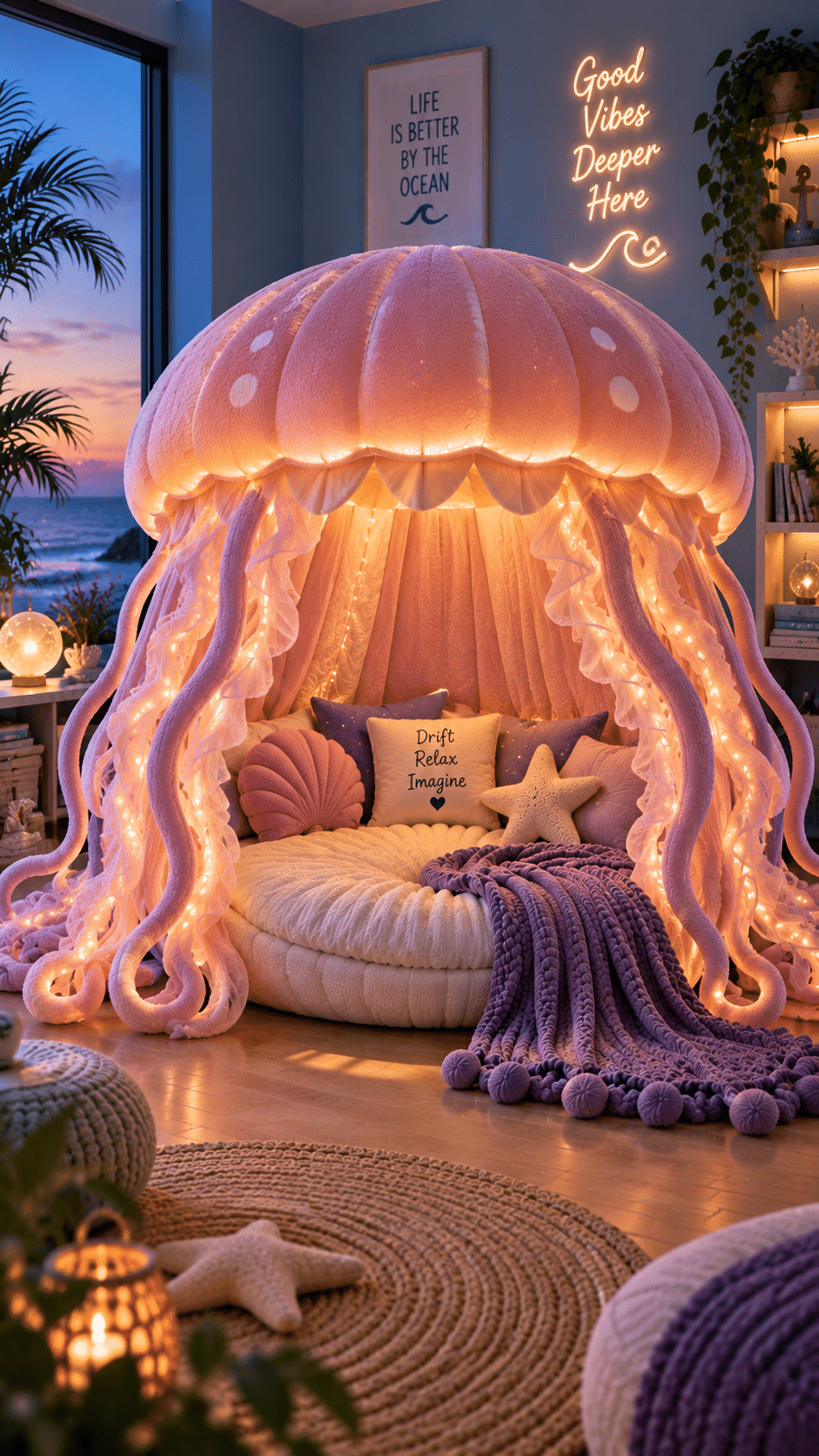 Pink jellyfish-shaped reading nook illuminated with fairy lights and surrounded by soft cushions and purple blankets.
