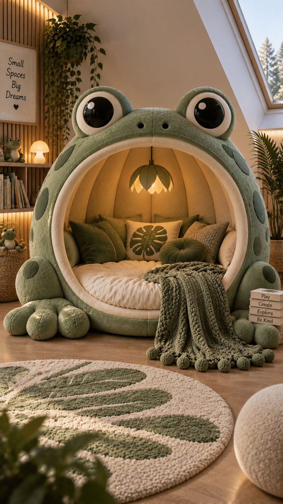 Giant sage green frog reading nook with cushions, knitted blanket and botanical décor in a cosy room.
