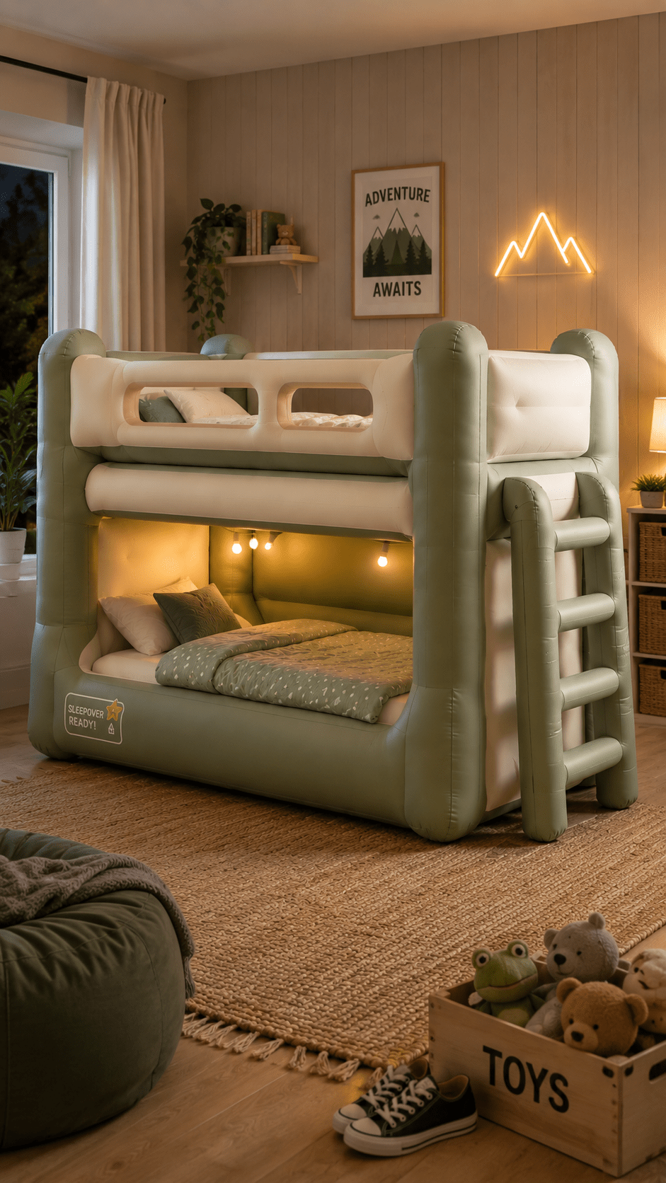 Sage green and white inflatable-style bunk bed in a warm children's bedroom with adventure-themed décor