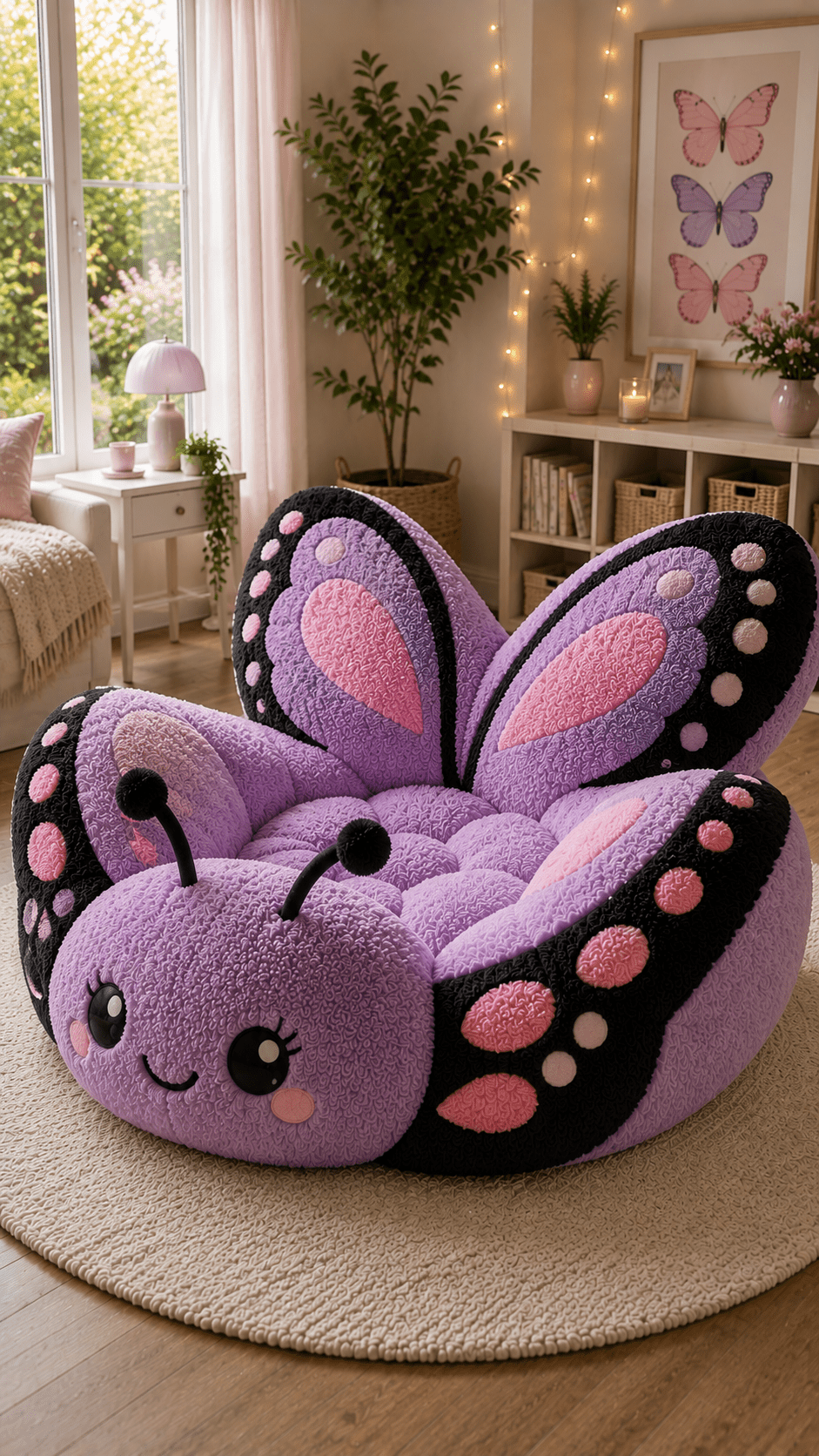 Purple and pink plush butterfly-shaped chair with large patterned wings in a bright pastel living room.