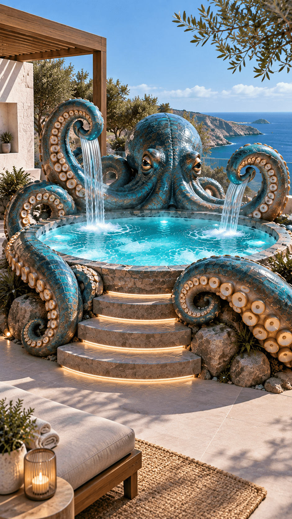 Turquoise octopus hot tub with cascading water features overlooking a sunny coastal landscape