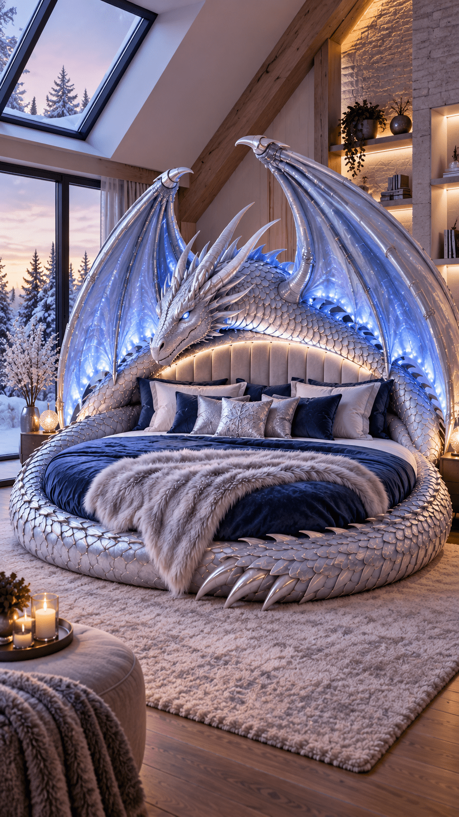 Silver and blue ice dragon bed with glowing wings, navy bedding and a snowy landscape visible through large windows.