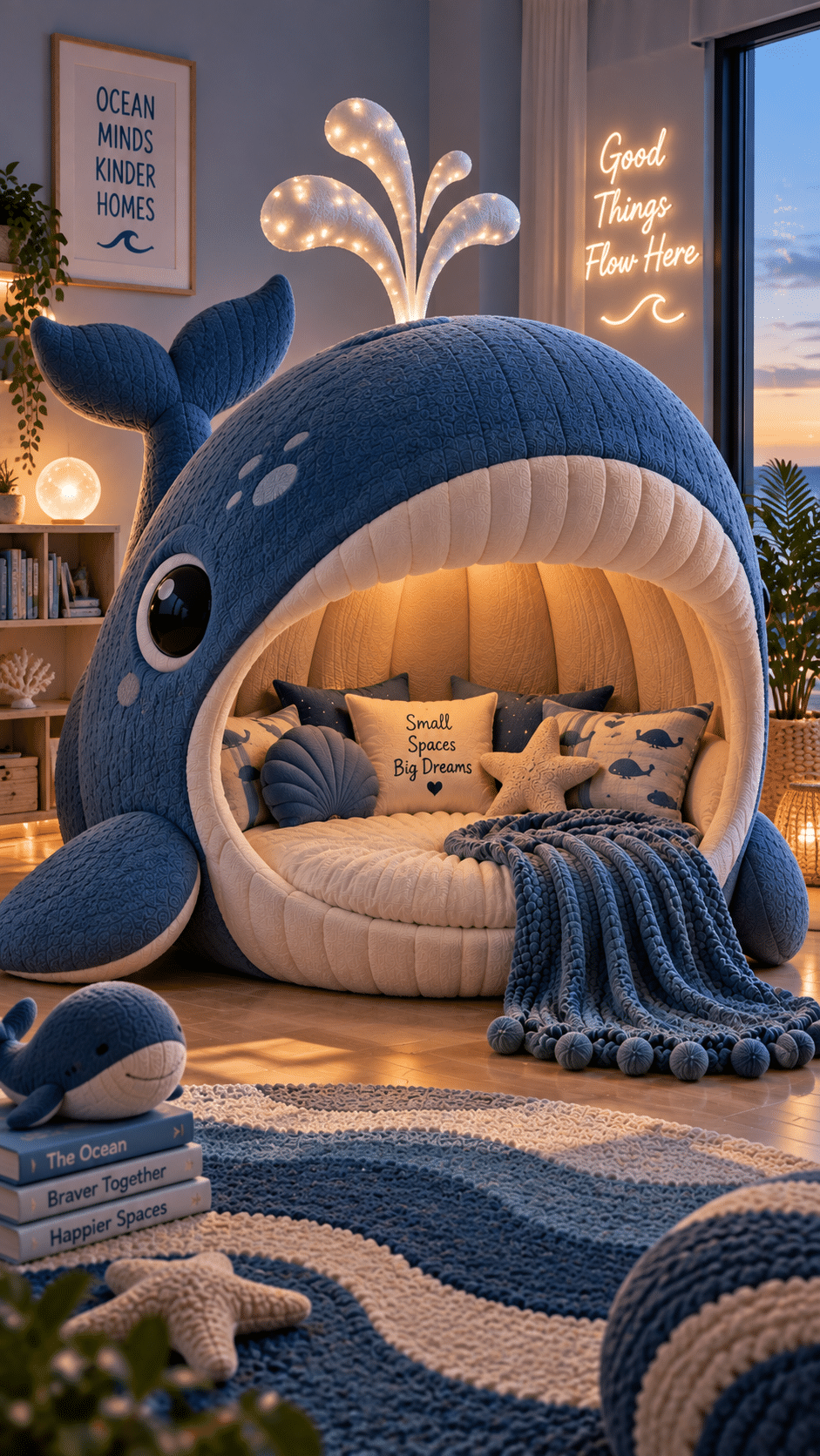 Blue whale-shaped ocean-inspired reading nook with cream cushions, blankets and warm lighting in a coastal room.